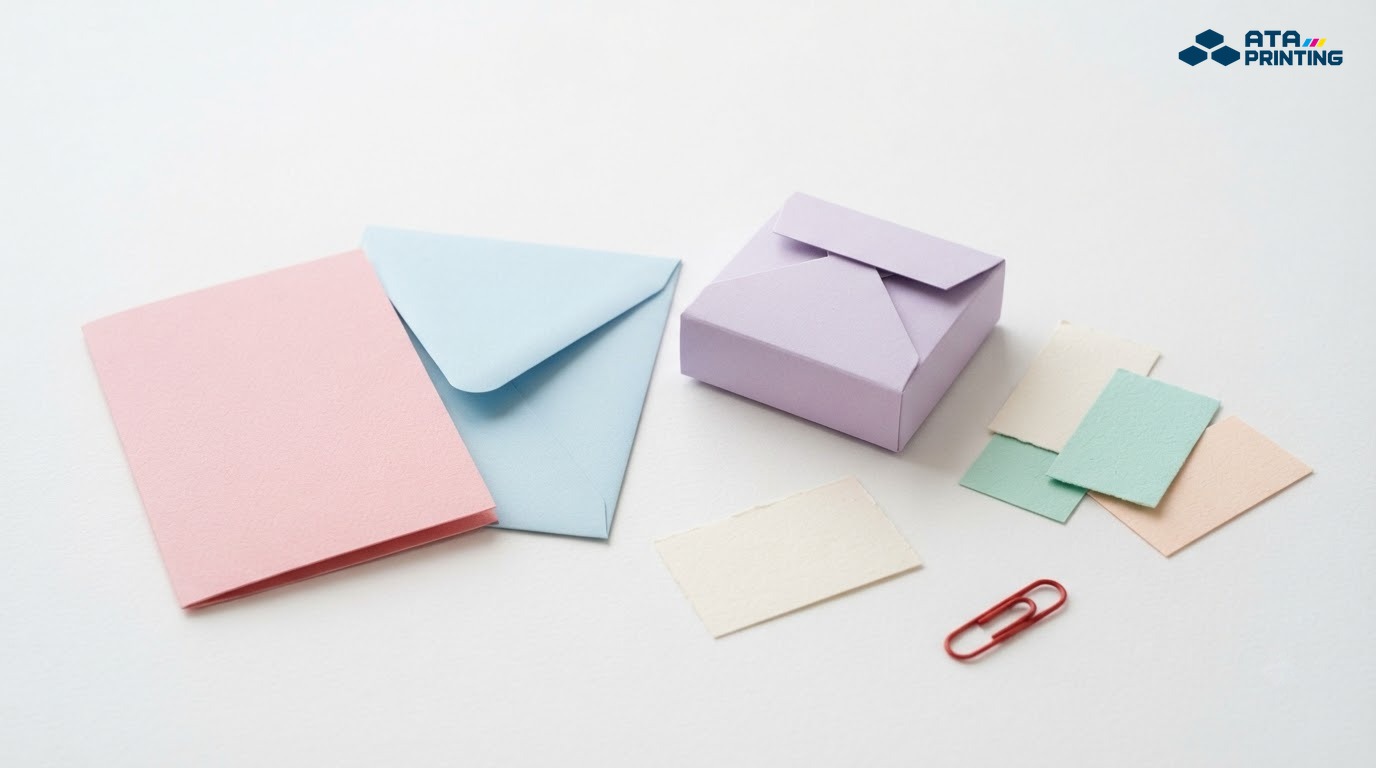 Minh họa thiệp, phong bì và hộp giấy với các tông màu pastel