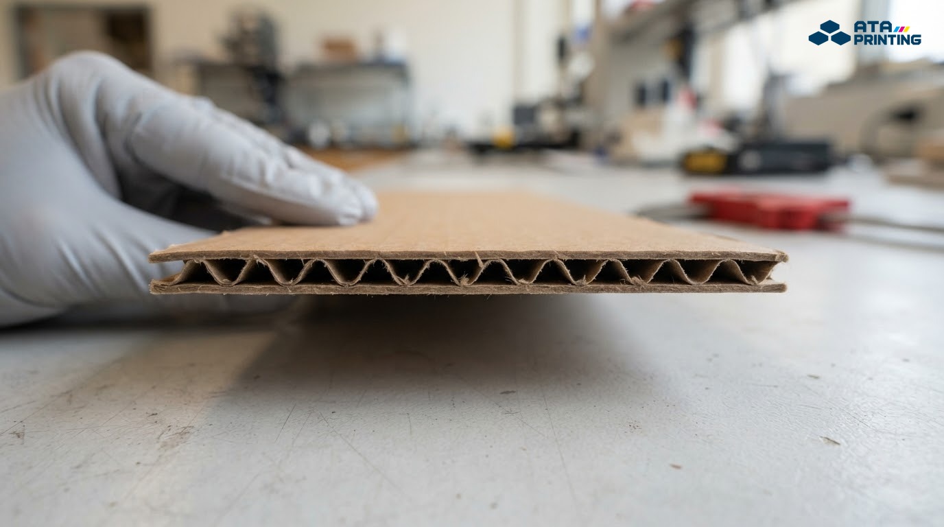 Mép cắt tấm carton cho thấy lớp giấy mặt, lớp sóng và lớp giấy đáy