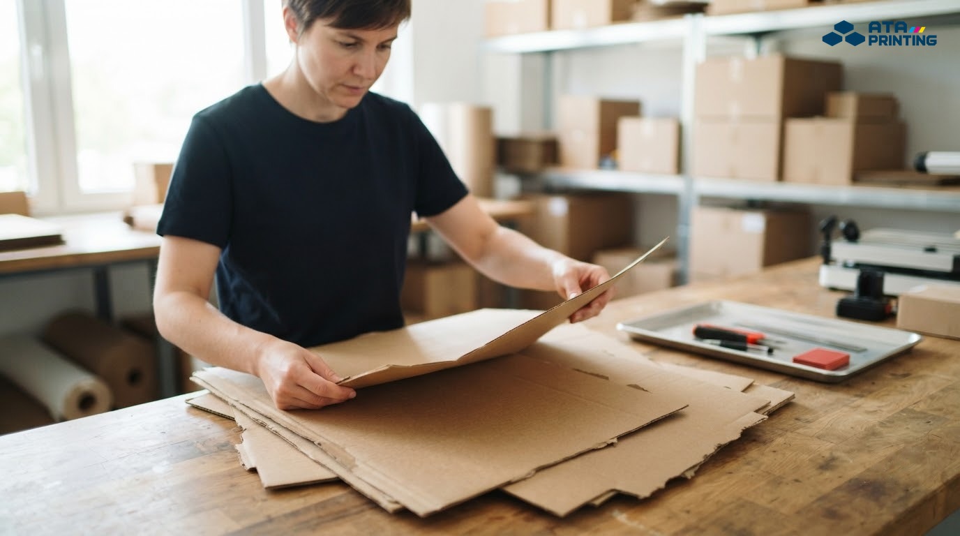 Nhân viên xưởng in kiểm tra các mẫu giấy carton sóng dùng cho nhiều nhu cầu đóng gói