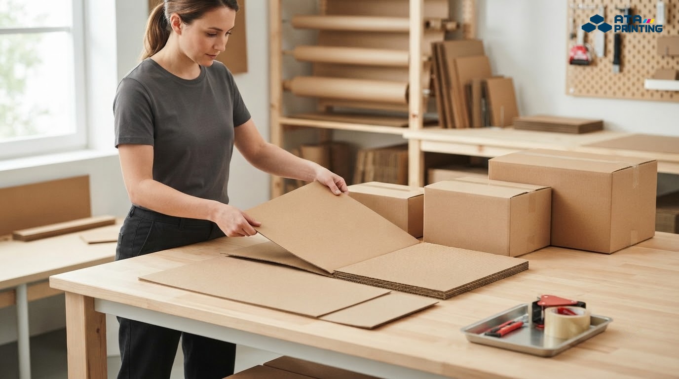 Các tấm carton có độ dày khác nhau được kiểm tra trước khi gia công bao bì