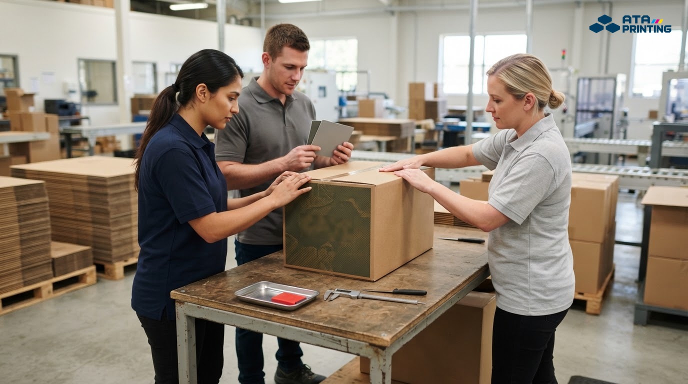 Đội ngũ xưởng in kiểm tra cấu trúc, màu bề mặt và độ chắc của hộp carton