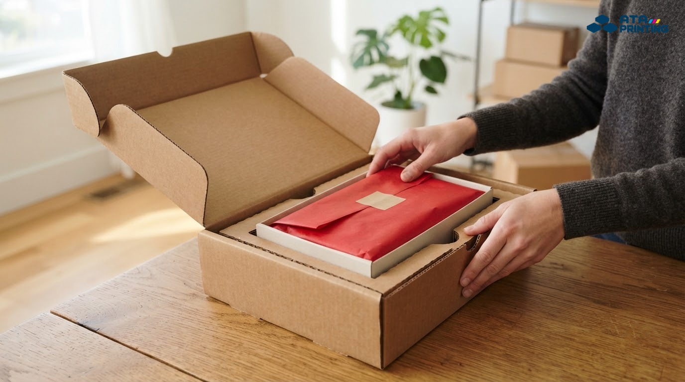 Khách hàng mở hộp carton cứng cáp với sản phẩm được cố định an toàn bên trong