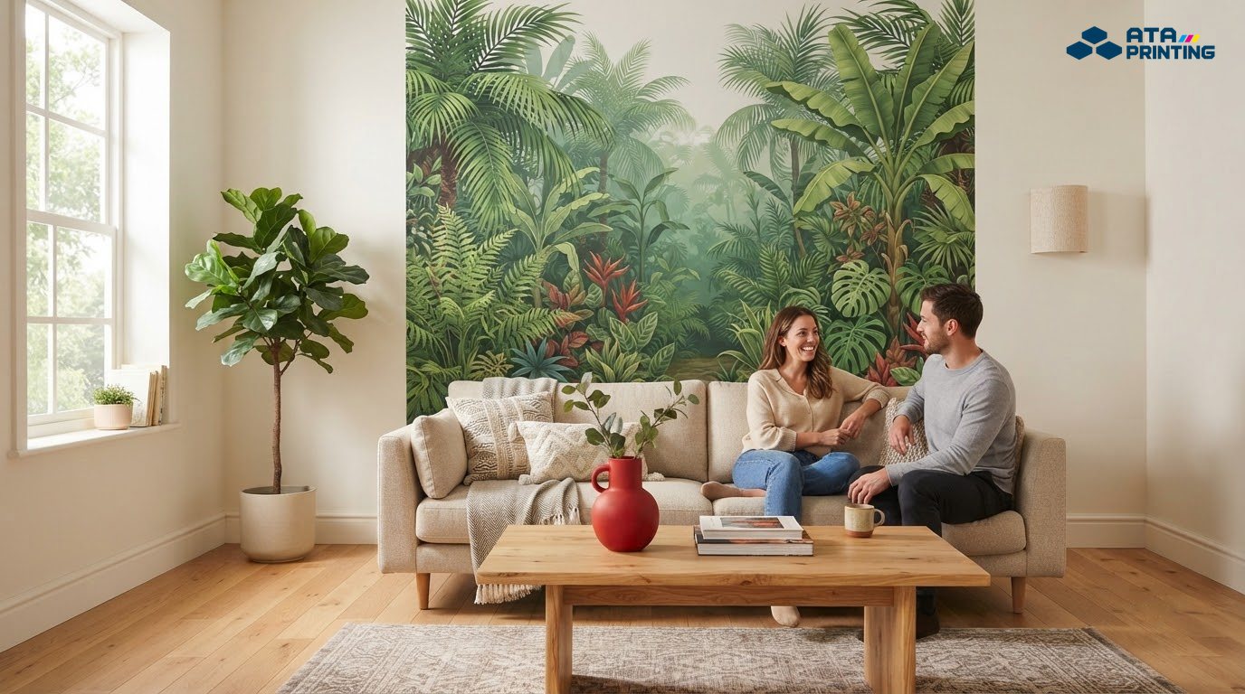 Phòng khách hiện đại với mảng decal dán tường họa tiết thực vật sang trọng