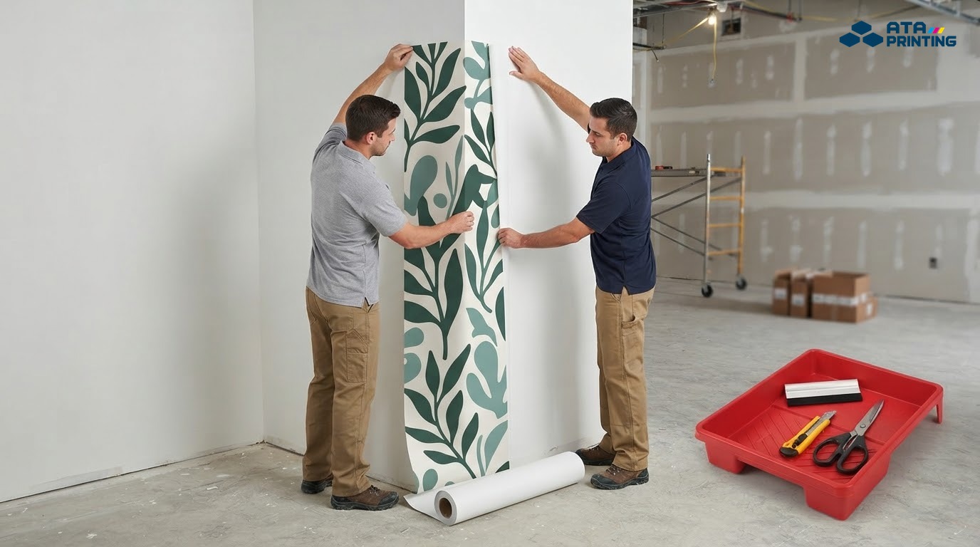 Kỹ thuật viên căn chỉnh tấm decal in riêng theo kích thước bức tường