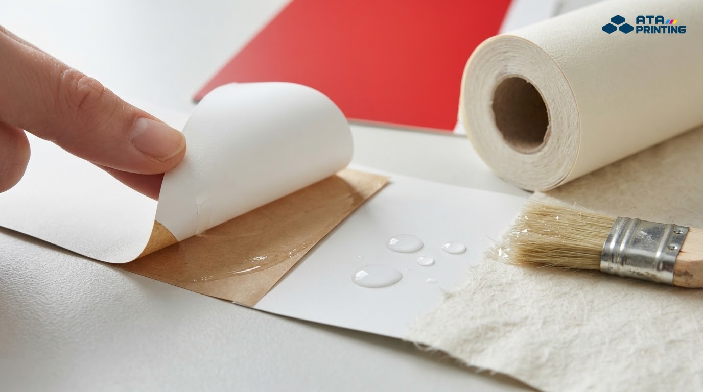 Mẫu decal PVC tự dính đặt cạnh cuộn giấy dán tường để so sánh cấu tạo