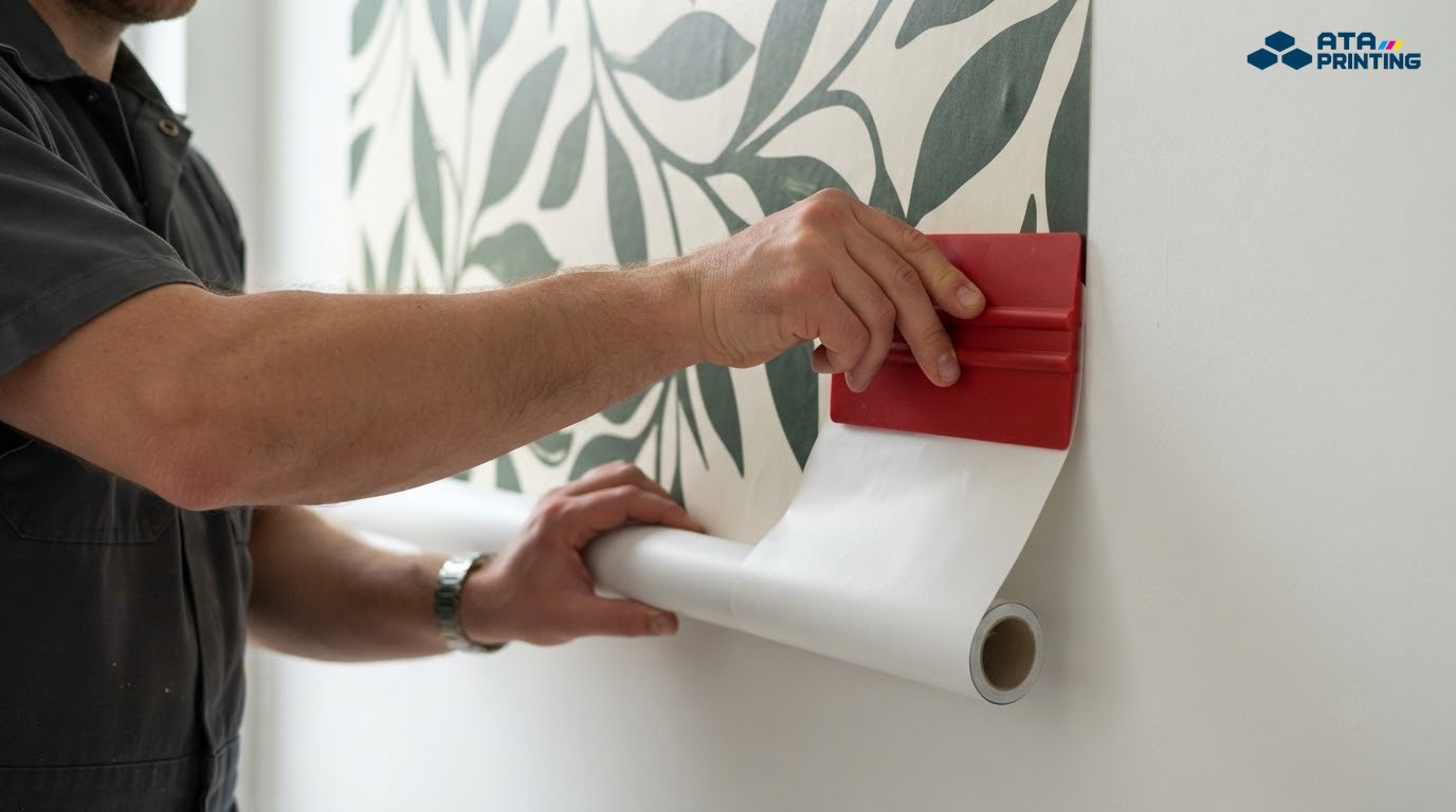 Thợ thi công gạt phẳng decal lên tường theo kỹ thuật cuốn chiếu