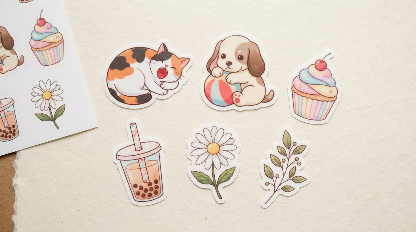 Bộ sticker cute hình thú cưng, bánh ngọt và hoa lá với viền trắng