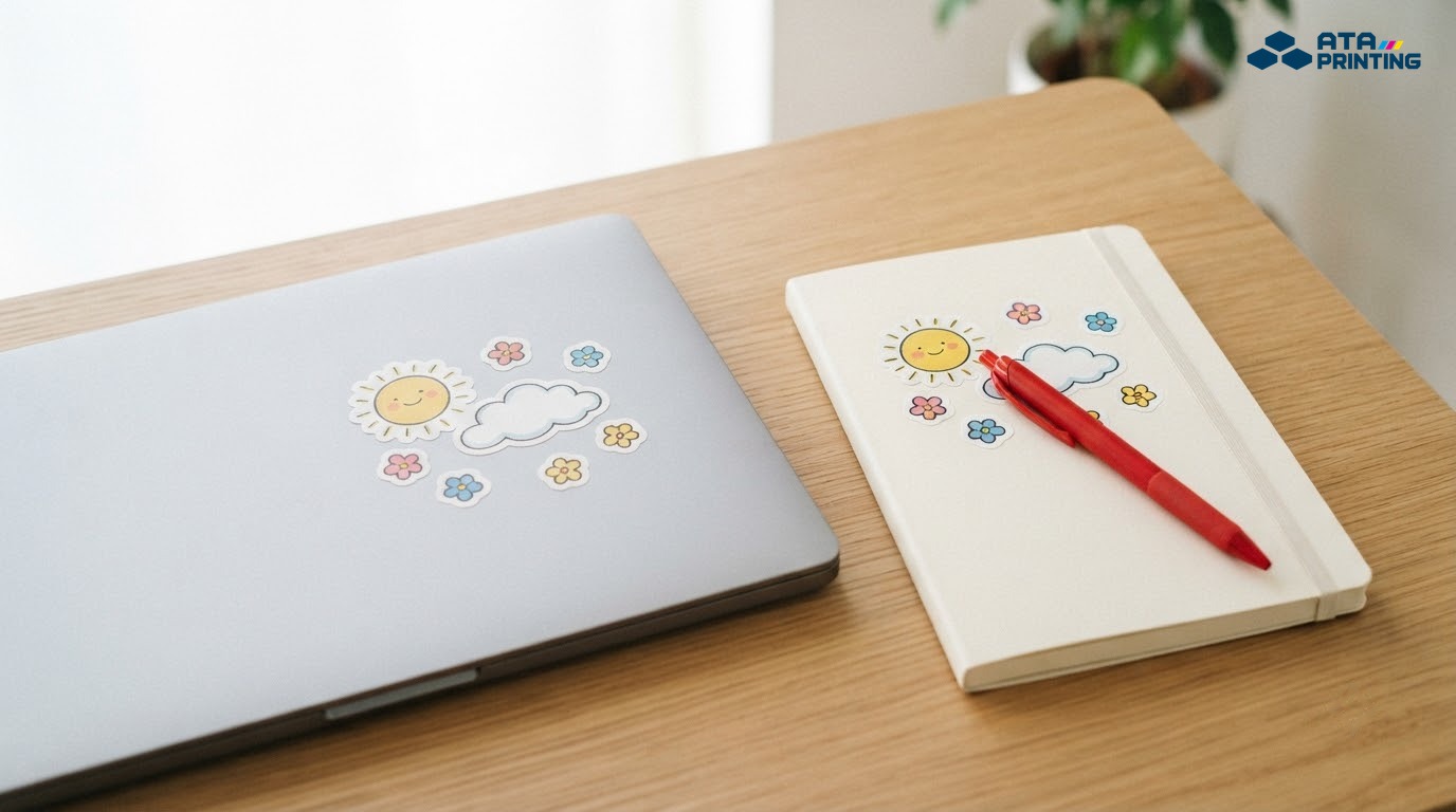 Sticker mặt trời, đám mây và hoa nhỏ trang trí laptop cùng sổ tay