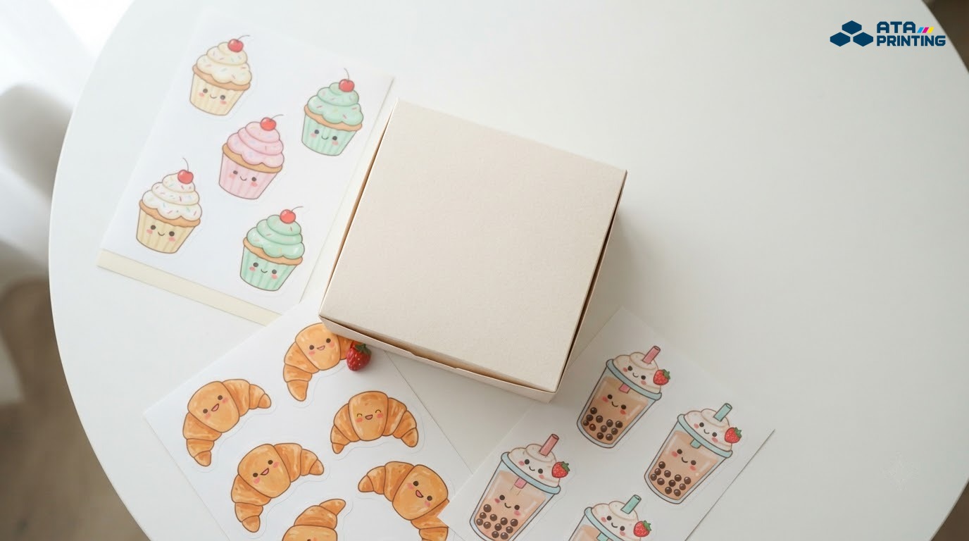 Sticker bánh cupcake, bánh croissant và ly trà sữa có khuôn mặt vui