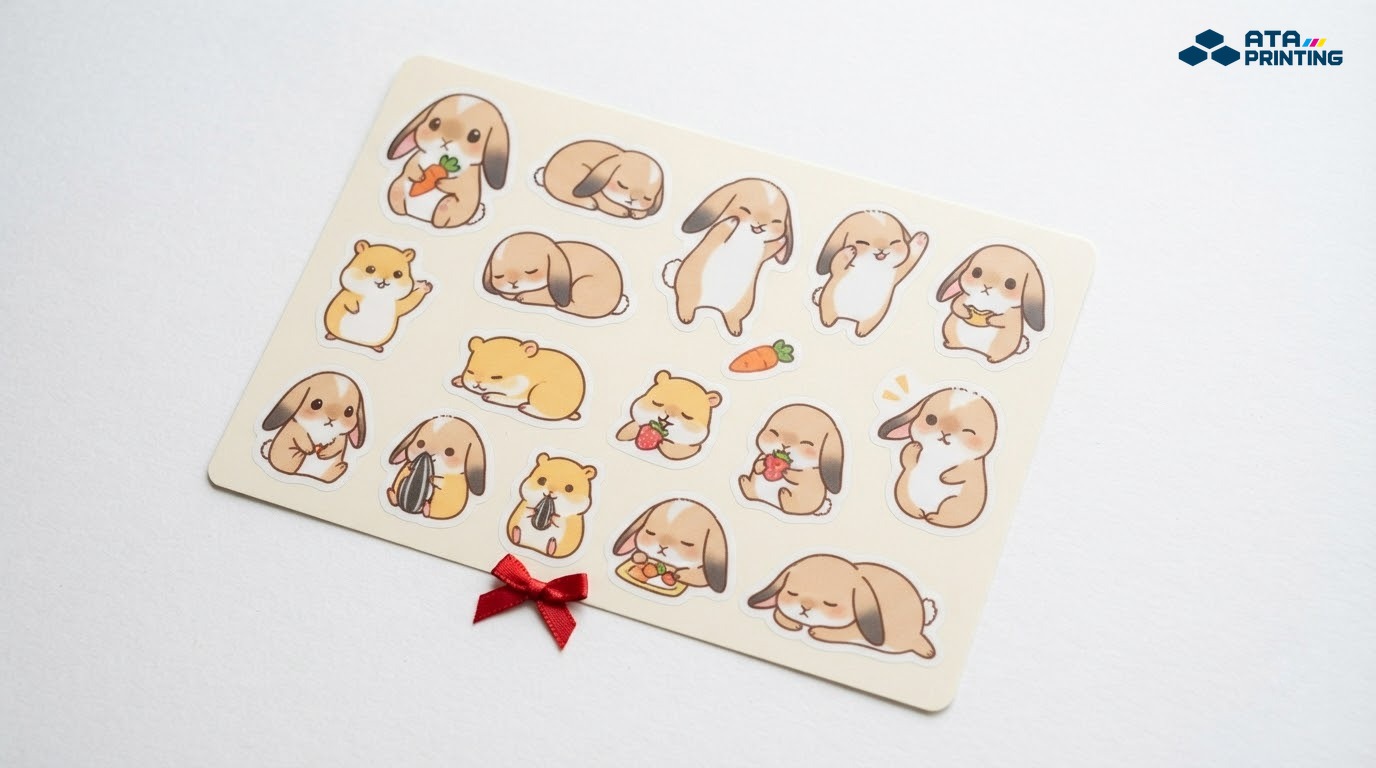 Sticker thỏ tai dài và hamster tròn nhỏ trên tờ decal màu kem