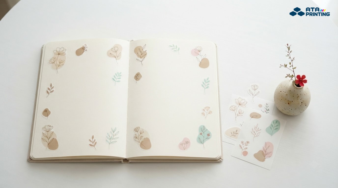 Sticker hoa nét mảnh, cành lá và hình khối pastel bên trang sổ trống