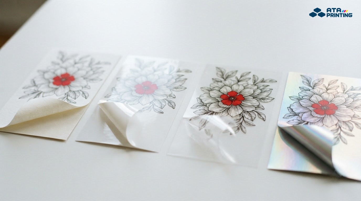 Mẫu sticker trên decal giấy, nhựa trắng, nhựa trong và nền ánh kim