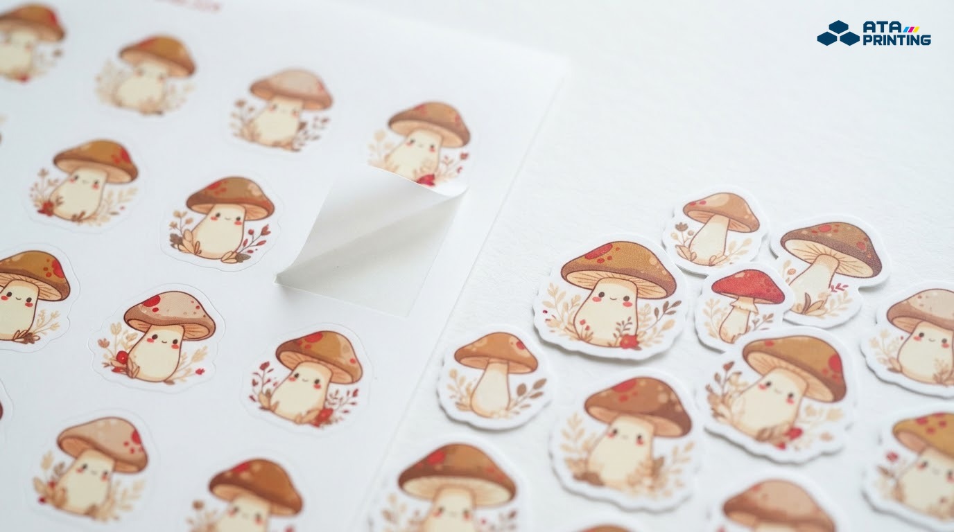 Tờ sticker bế demi đặt cạnh các miếng sticker bế rời theo hình