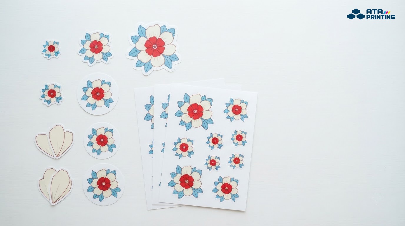 Sticker hoa cùng mẫu được in theo nhiều kích cỡ và đường bế khác nhau